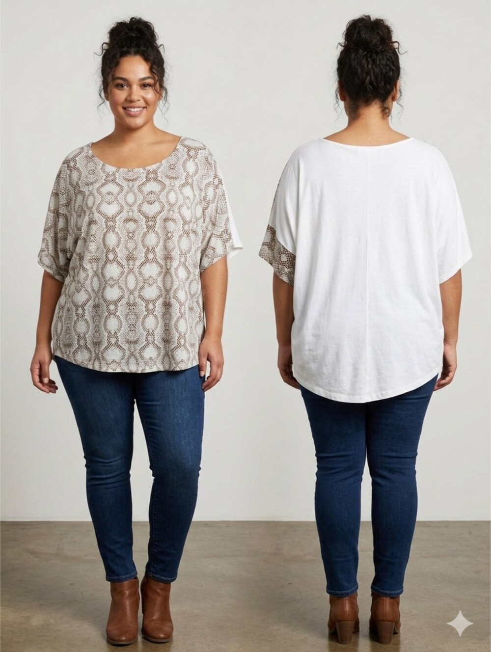 Woman's Plus Size Snakeskin Print Mixed Media Top